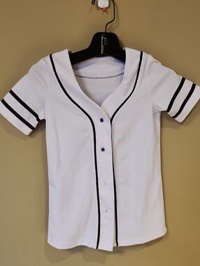 Kuds  White Baseball-Style Button Front Shirt with Black Trim 7years